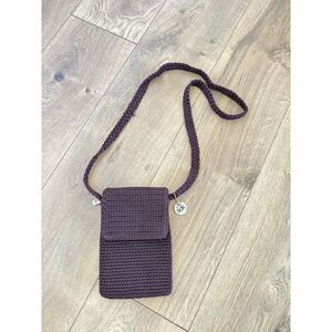 THE SAK brown crochet crossbody boho chocolate brown knit top zip foldover bag